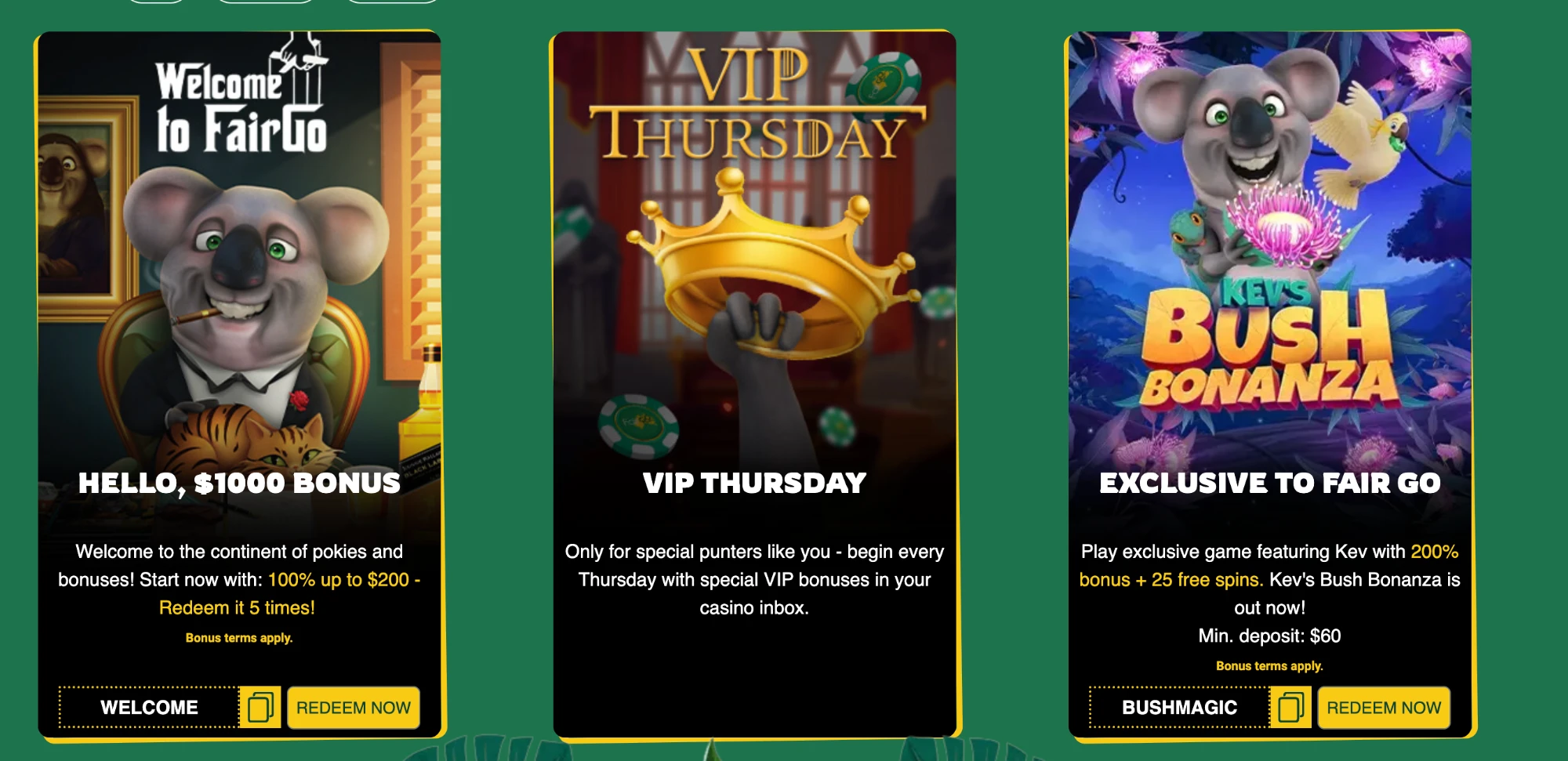 Fairgo casino bonus codes WELCOME and BUSHMAGIC, plus VIP Thursday