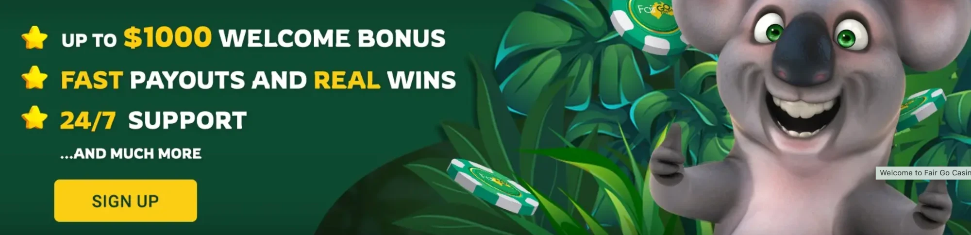 Fairgo casino welcome bonus up to $1000 with koala mascot